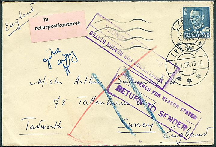 60 øre Fr. IX på brev fra Lyngby d. 23.12.1955 til Tadworth, England. Retur via Returpostkontoret med flere stempler. På bagsiden Julemærke 1955.