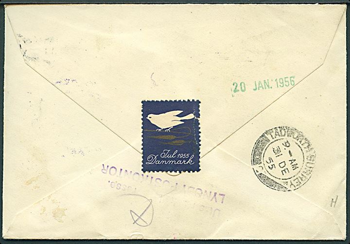 60 øre Fr. IX på brev fra Lyngby d. 23.12.1955 til Tadworth, England. Retur via Returpostkontoret med flere stempler. På bagsiden Julemærke 1955.