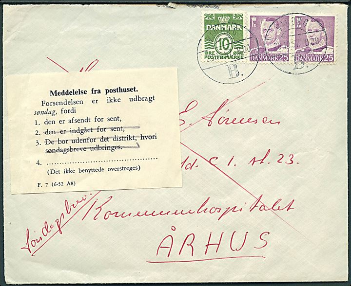 10 øre Bølgelinie og 25 øre Fr. IX i parstykke på søndagsbrev fra Viborg B. d. 20.10.1957 til Aarhus. Påsat meddelelse fra posthuset - formular F.7 (2-52 A8) - vedr. brevet for sent afsendt til udbringning søndag.
