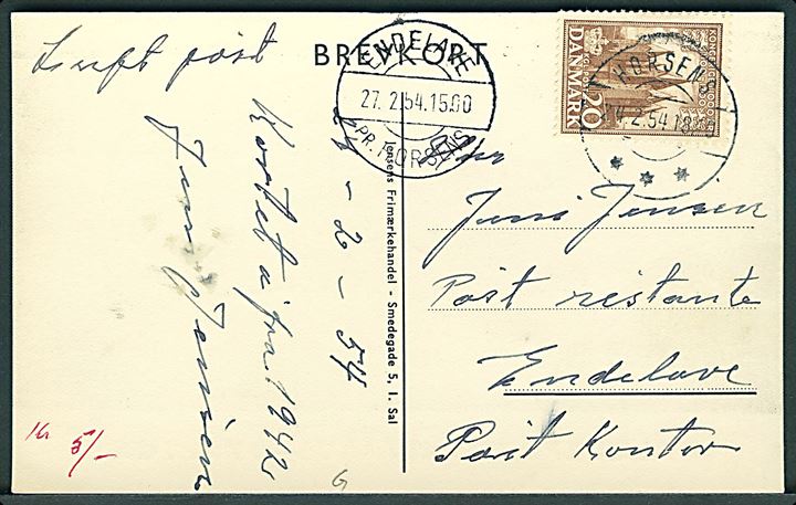 20 øre 1000 års udg. på isluftpost brevkort (Slædepost Endelave-Snaptun) fra Horsens d. 24.2.1954 til poste restante på Endelave. Ank.stemplet med pr.-stempel Endelave pr. Horsens d. 27.2.1954.
