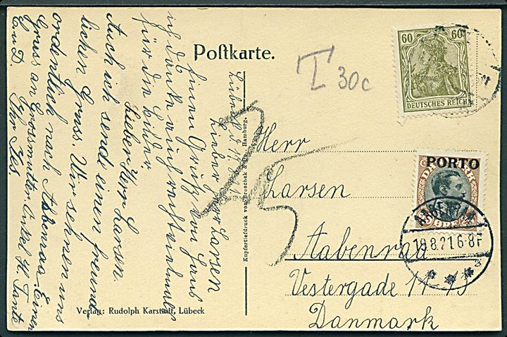 60 pfg. Germania på underfrankeret brevkort fra Lübeck d. 11.8.1921 til Aabenraa, Danmark. Udtakseret i porto med 25 øre Porto-provisorium annulleret med brotype IVb Aabenraa sn2 d. 18.8.1921.