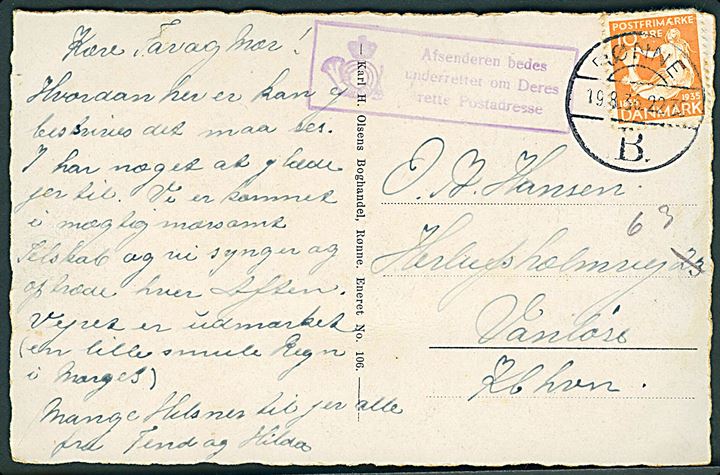 10 øre H. C. Andersen på brevkort (Udsigt over Sandvig) annulleret brotype Vd Rønne B. d. 19.8.1936 til København. Rammestempel Afsenderen bedes underrettet om Deres rette Postadresse.