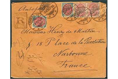 8 øre Tofarvet omv. rm. (2) og 10 øre Våben (2) på anbefalet brev fra Roskilde d. 7.4.1893 til Narbonne, Frankrig.