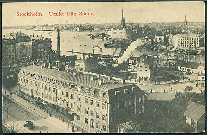 Sverige. Stockholm. Utsikt från Söder. Tog ses ved havnen. Svenska Litografiska no. 12460. 