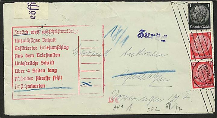 Tysk 1 pfg. og 12 pfg. (2) Hindenburg på brev fra Hamburg d. 16.1.1941 til København, Danmark. Returneret af den tyske censur i Hamburg med stort stempel, da brevet ulovligt har indeholdt et prospektkkort. 
