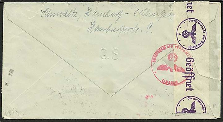 Tysk 1 pfg. og 12 pfg. (2) Hindenburg på brev fra Hamburg d. 16.1.1941 til København, Danmark. Returneret af den tyske censur i Hamburg med stort stempel, da brevet ulovligt har indeholdt et prospektkkort. 