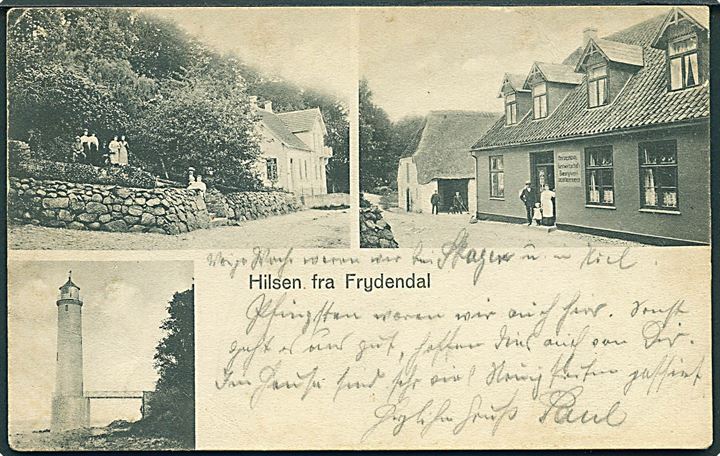 Hilsen fra Frydendal med Fyrtårn og Gæstgiveri. Photograph Reich no. 7849. (Svagt knæk). 