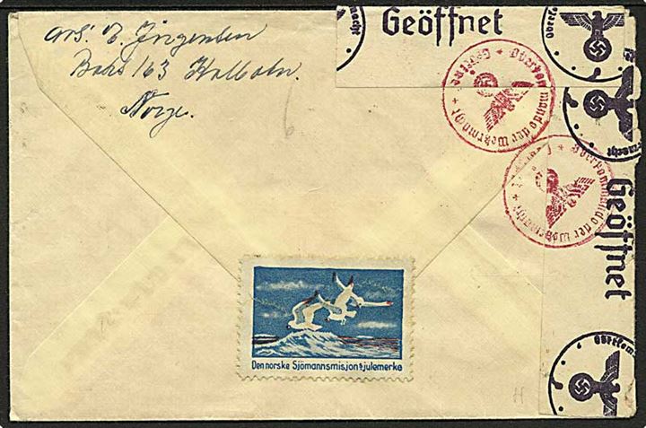 20 øre Løve på brev fra Oslo d. 6.12.1943 til Hillerød, Danmark. Åbnet af tysk censur i Oslo.