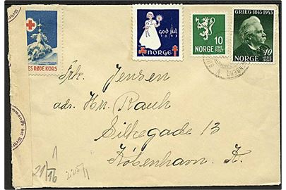 10 øre Posthorn og 10 øre Grieg på brev fra Oslo annulleret med bureaustempel 1943 til København, Danmark. Åbnet af tysk censur i Oslo.