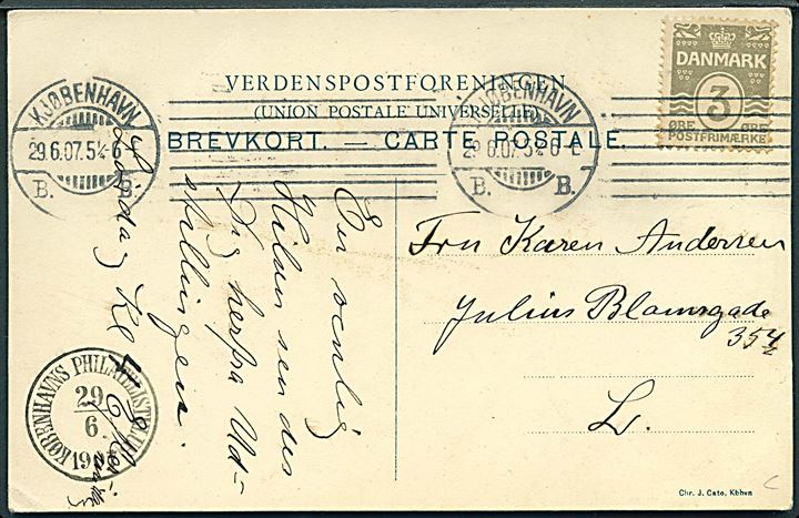 Kjøbenhavns Philatelist Klub jubilæumsudstilling 1907. Chr. J. Cato u/no. På bagsiden stempel Københavns Philatelistklub d. 29.6.1907.