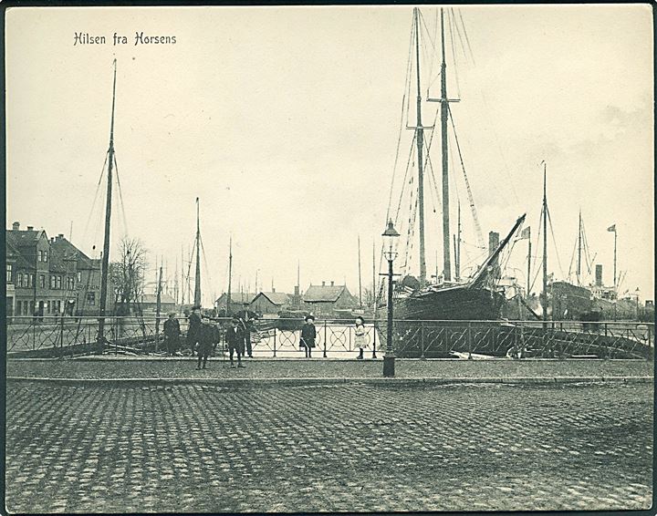 Horsens, havneparti med sejlskib. P. Heckscher no. 2344. Stort kort 13½x17½ cm.