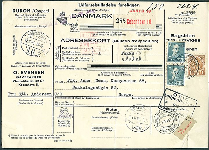 40 øre (par) og 1 kr. Chr. X på internationalt adressekort for Gavepakke fra København d. 12.6.1943 til Bakkelagshögda, Norge. Fortrykt Udførselstilladelse foreligger.