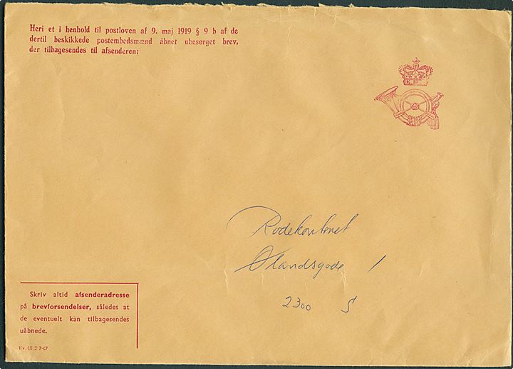 Fortrykt returkuvert til åbnet ubesørgeligt brev fra Brevåbningskontoret - Formular Kv 6048 7-67 - til København. 
