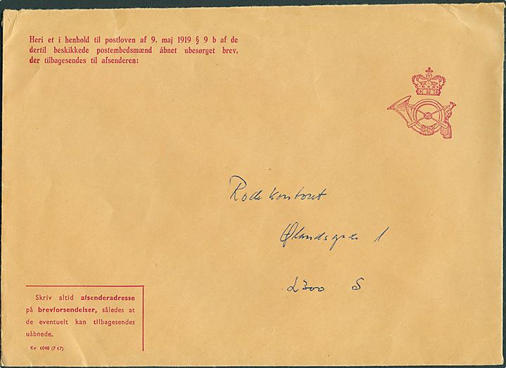Fortrykt returkuvert til åbnet ubesørgeligt brev fra Brevåbningskontoret - Formular Kv 6048 7-67 - til København. 