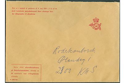 Fortrykt returkuvert til åbnet ubesørgeligt brev fra Brevåbningskontoret - Formular Kv 6048 9-65 - til København. Bagklap mangler.