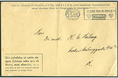 Fortrykt ufrankeret Franco kuvert til returnering af åbnede ubesørgelige breve - Kv. Formular Nr. 6070 (11/6 27) - sendt lokalt i København d. 14.1.1928.