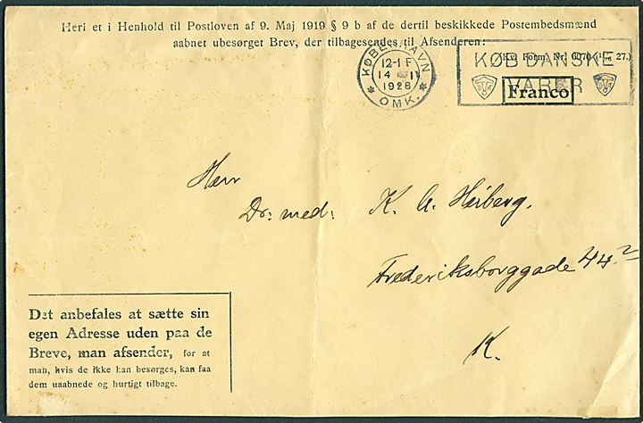 Fortrykt ufrankeret Franco kuvert til returnering af åbnede ubesørgelige breve - Kv. Formular Nr. 6070 (11/6 27) - sendt lokalt i København d. 14.1.1928.