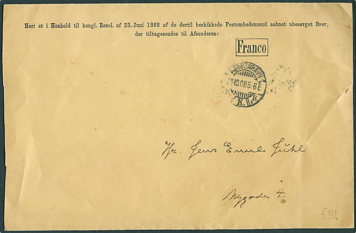Fortrykt ufrankeret Franco kuvert til returnering af åbnede ubesørgelige breve sendt lokalt i København d. 24.10.1908.