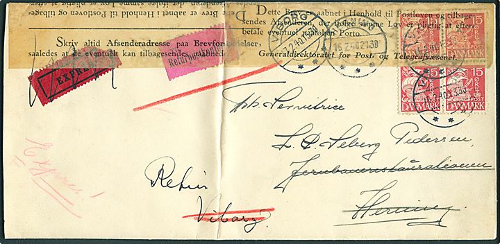 15 øre Karavel i fireblok på ekspresbrev fra Viborg d. 16.2.1940 til Herning. Retur via Returpostkontoret med lukkebanderole fra brevåbningskontoret. Fold.