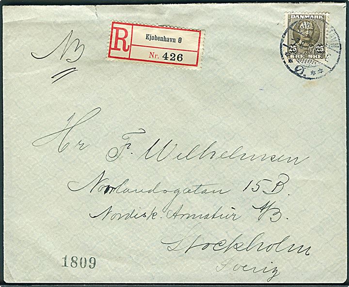 25 øre Fr. VIII single på anbefalet brev fra Kjøbenhavn d. 7.8.1913 til Stockholm, Sverige.
