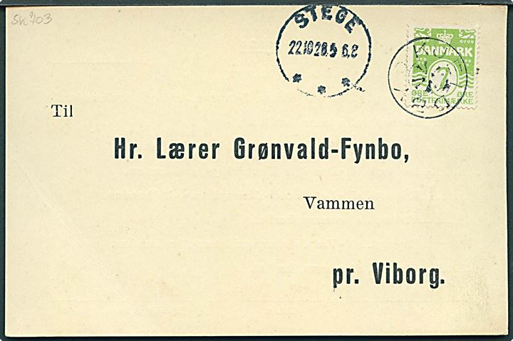 7 øre Bølgelinie på brevkort annulleret med stjernestempel KJELDBY og sidestemplet Stege d. 22.10.1928 til Vammen pr. Viborg.