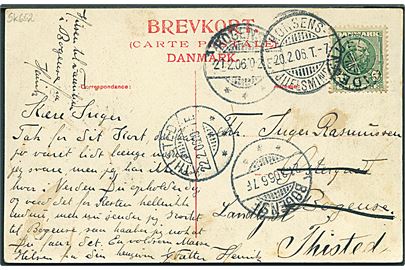 5 øre Chr. IX på brevkort annulleret med stjernestempel JUELSMINDE og sidestemplet bureau Horsens - Juelsminde T.7 d. 20.2.1906 til Bogense - eftersendt til Thisted.