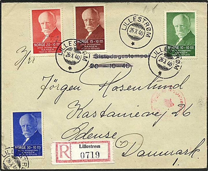 Komplet sæt Nansen II på anbefalet brev fra Lillestrøm d. 26.10.1940 til Odense, Danmark. Tidlig tysk censur med neutral banderole og stempel Geprüft Deutsche Zensur.