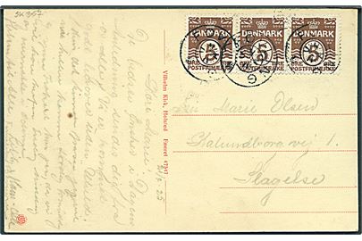 5 øre Bølgelinie i 3-stribe på brevkort dateret d. 21.2.1925 annulleret med stjernestempel FØVLING til Slagelse.
