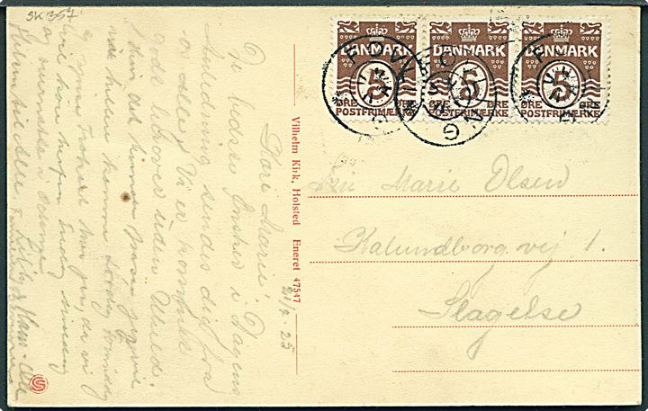 5 øre Bølgelinie i 3-stribe på brevkort dateret d. 21.2.1925 annulleret med stjernestempel FØVLING til Slagelse.