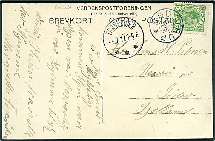 5 øre Chr. X på brevkort annulleret med stjernestempel BØDSTRUP og sidestemplet Tranekjær d. 5.7.1917 til Gørlev.