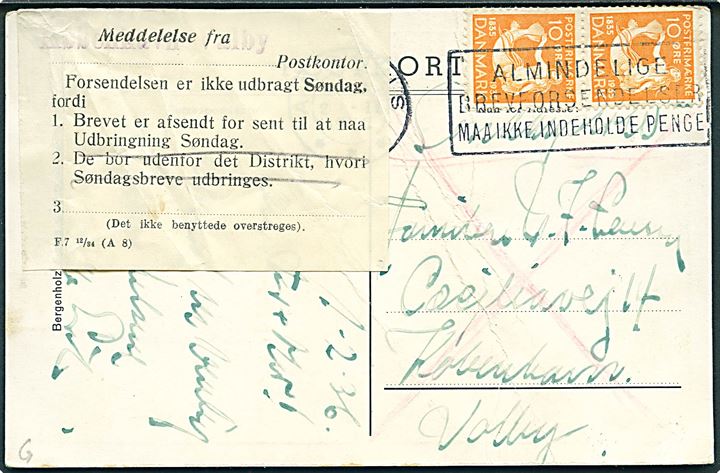 10 øre H. C. Andersen (2) på søndagsbrevkort fra Aarhus d. 2.2.1936 til København-Valby. Påsat meddelelse fra Valby posthus - formular F.7 12/34 (A 8) - vedr. afsendt for sent til udbringning søndag. Krøllet.