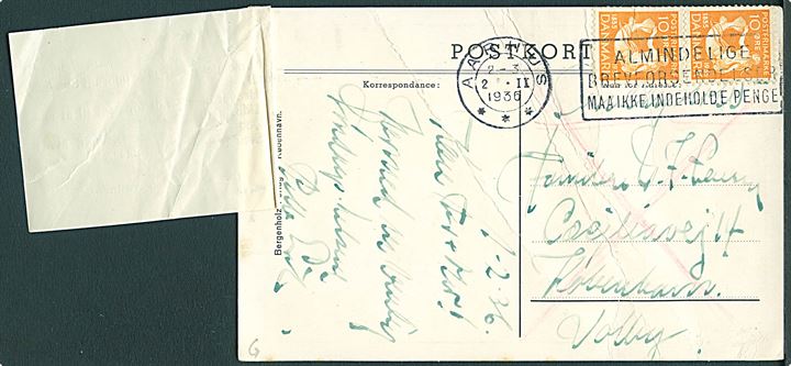 10 øre H. C. Andersen (2) på søndagsbrevkort fra Aarhus d. 2.2.1936 til København-Valby. Påsat meddelelse fra Valby posthus - formular F.7 12/34 (A 8) - vedr. afsendt for sent til udbringning søndag. Krøllet.