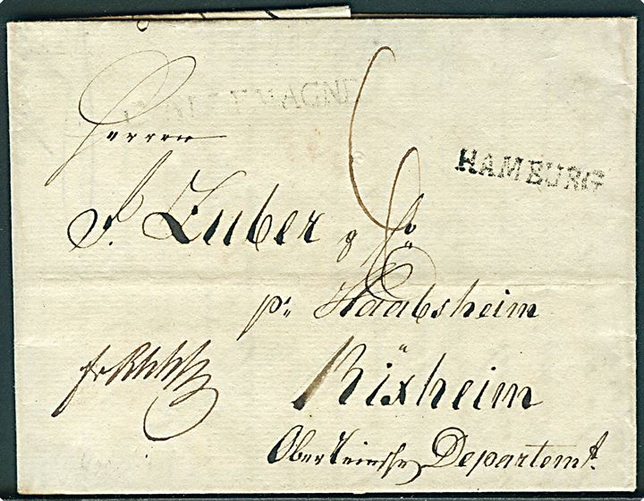 1802. Francobrev dateret d. 1.9.1802 med liniestempel HAMBURG til Rixheim pr. Habsheim Ober Rheinisches Departement. Svagt stempel D Allemagne. 