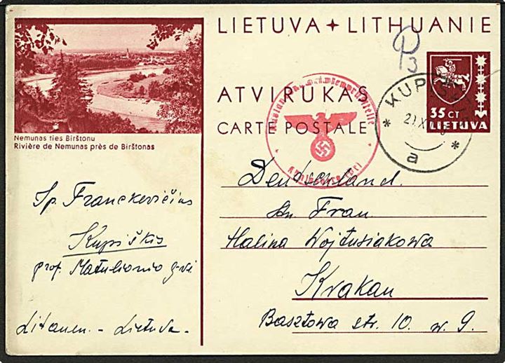 35 ct. illustreret helsagsbrevkort fra Kupiskis d. 20.10.1939 til Krakau, Tyskland. Tysk censur: Auslandsnachrichtenprüfstelle Königsberg (Pr).
