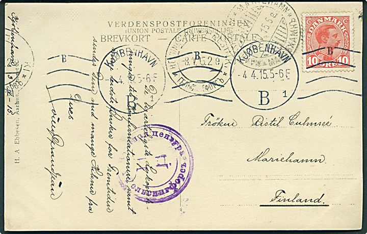 10 øre Chr. X på brevkort fra Kjøbenhavn d. 4.4.1915 til Mariehamn, Åland. Russisk censur fra Helsingfors.