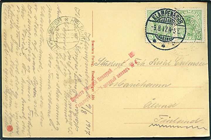 5 øre Chr. X i parstykke på brevkort fra Klampenborg d. 9.8.1917 til Mariehamn, Åland, Finland. Russisk censur fra Helsingfors.