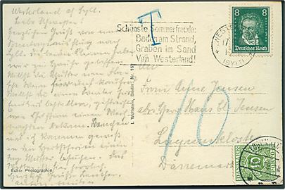 8 pfg. Beethoven (rift) på brevkort (Damptog på Hindenburgdæmningen) fra Westerland på Sylt d. 17.9.1928 til Løgumkloster, Danmark. Udtakseret i porto med 10 øre Portomærke stemplet Løgumkloster d. 18.9.1928.