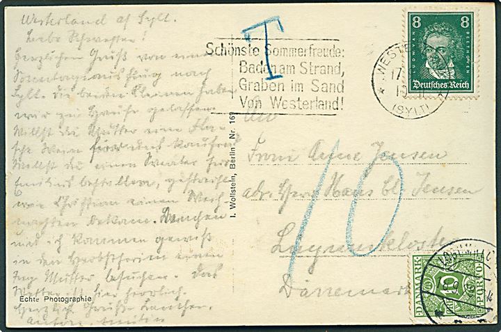 8 pfg. Beethoven (rift) på brevkort (Damptog på Hindenburgdæmningen) fra Westerland på Sylt d. 17.9.1928 til Løgumkloster, Danmark. Udtakseret i porto med 10 øre Portomærke stemplet Løgumkloster d. 18.9.1928.