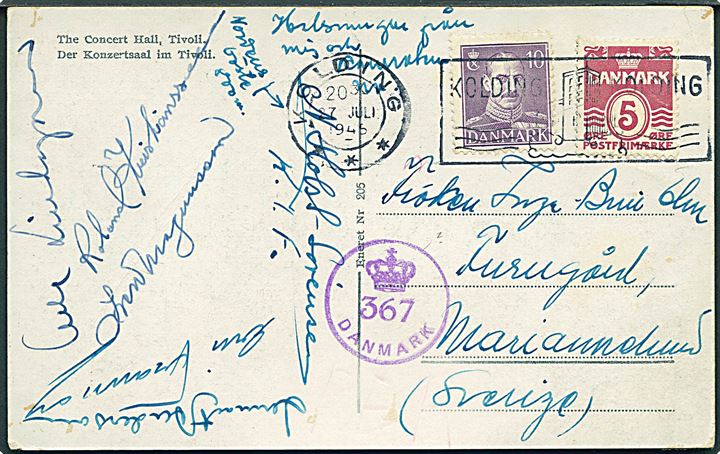 5 øre Bølgelinie og 10 øre Chr. X på brevkort stemplet Kolding d. 27.7.1945 til Mariannelund, Sverige. Dansk efterkrigscensur (krone)/367/Danmark.