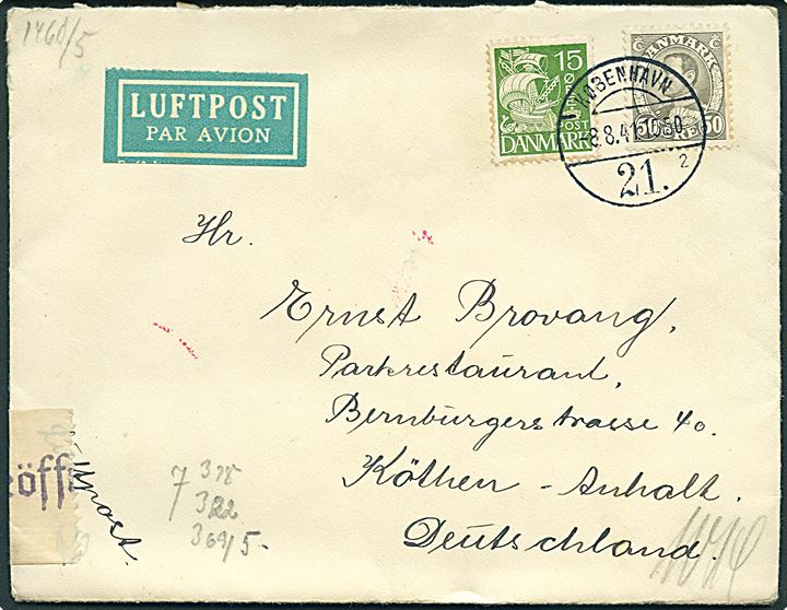 15 øre Karavel og 50 øre Chr. X på luftpostbrev fra København d. 8.8.1941 til Köthen, Tyskland. Åbnet af tysk censur i Berlin.