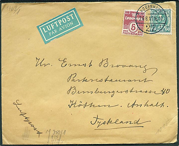 5 øre Bølgelinie og 60 øre Chr. X på luftpostbrev fra København d. 26.8.1941 til Köthen, Tyskland. Åbnet af tysk censur i Berlin.
