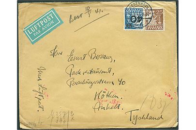 25 øre Karavel og 40/30 øre Provisorium på luftpostbrev fra København d. 4.8.1941 til Köthen, Tyskland. Åbnet af tysk censur i Berlin.