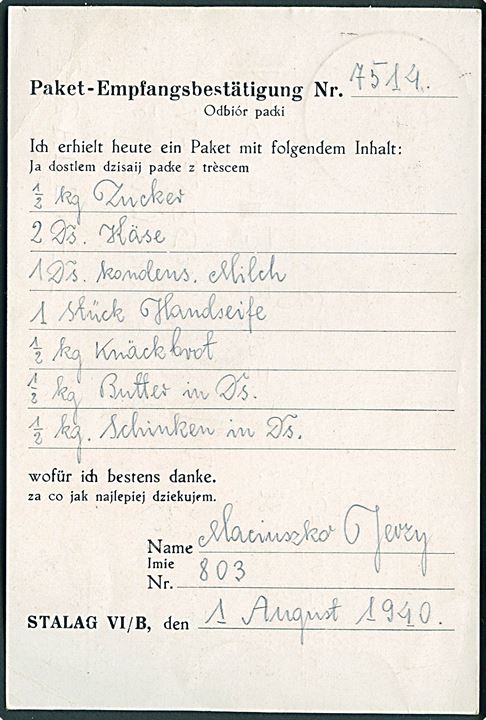 Ufrankeret krigsfangebrevkort med stumt stempel d. 6.9.1940 fra polsk krigsfange i Stalag VI/B Niemcy til København, Danmark. Violet lejrcensur.