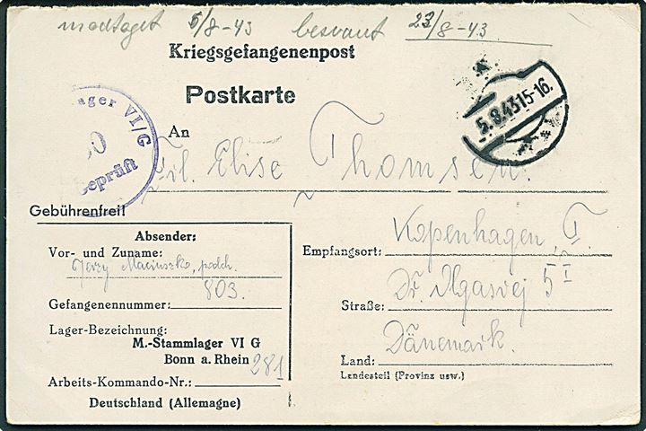 Ufrankeret spørgedel af dobbelt krigsfangebrevkort med stumt stempel d. 5.9.1943 fra polsk krigsfange i Stalag VIG Bonn til København, Danmark. Lejrcensur.