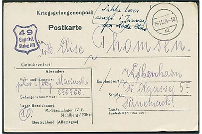 Ufrankeret spørgedel af dobbelt krigsfangebrevkort med stumt stempel d. 14.11.1944 fra polsk krigsfange i Stalag IVB Mühlberg til København, Danmark. Lejrcensur.