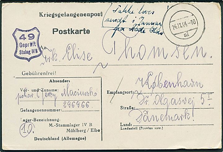 Ufrankeret spørgedel af dobbelt krigsfangebrevkort med stumt stempel d. 14.11.1944 fra polsk krigsfange i Stalag IVB Mühlberg til København, Danmark. Lejrcensur.