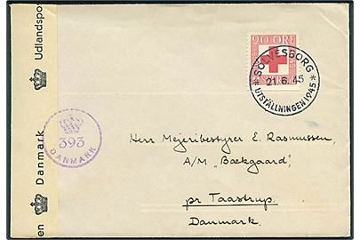 20 öre Røde Kors på brev annulleret med særstempel i Sölvesborg d. 21.6.1945 til Taastrup, Danmark. Åbnet af dansk efterkrigscensur (krone)/393/Danmark.