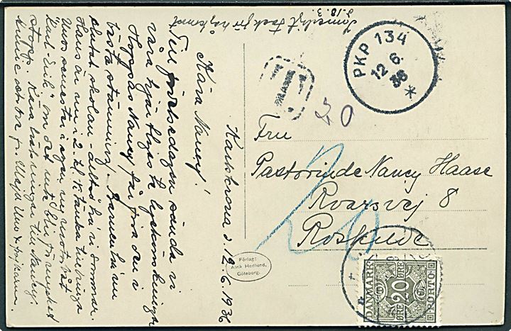 Ufrankeret brevkort fra Karlskrona med bureaustempel PKP 134 (= Alvesta-Karlskrona) d. 12.6.1936 til Roskilde, Danmark Udtakseret i porto med 20 øre Portomærke stemplet Roskilde d. 1?.6.1936.