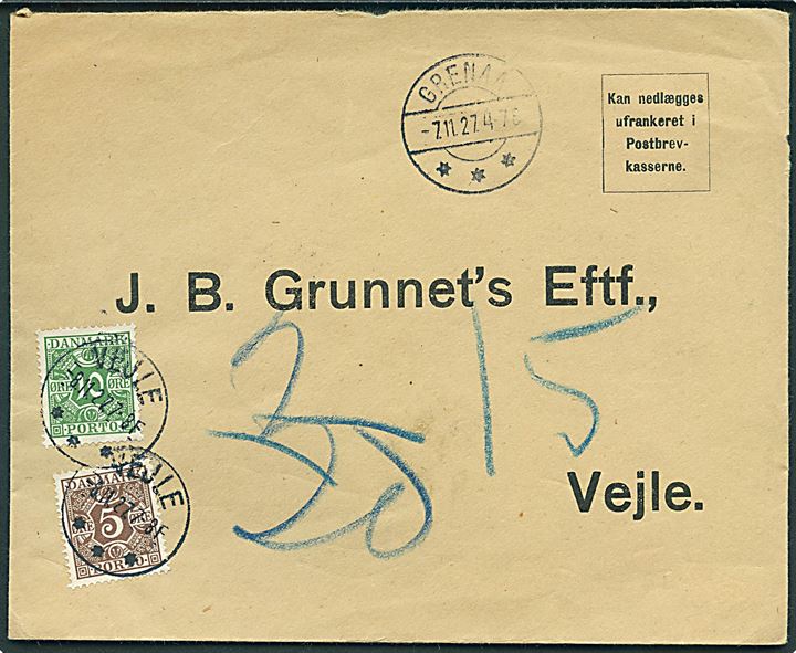 Ufrankeret svarkuvert fra Grenaa d. 7.11.1927 til Vejle. Udtakseret i enkeltporto med 5 øre og 15 øre Portomærke stemplet Vejle d. 8.11.1927.