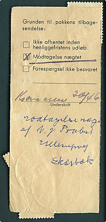 20 øre og 30 øre (6) Portomærke stemplet Ringe d. 6.5.1963 på adressekort-talon for returpakke til Virum.